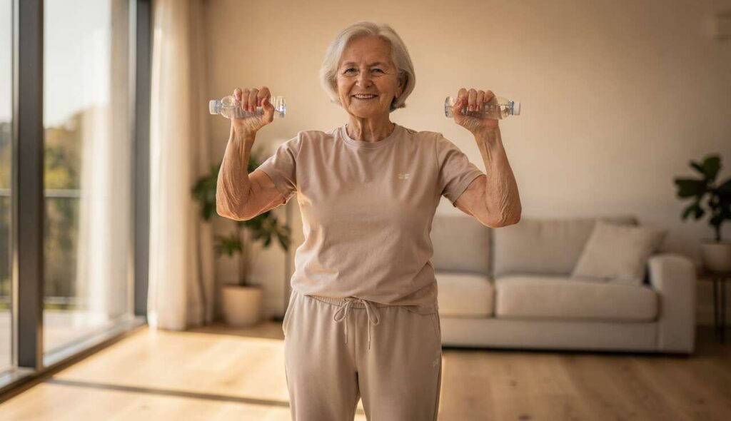 4 ćwiczenia z butelką wody na stojąco, które odbudowują siłę ramion lepiej niż siłownia po 60-tce